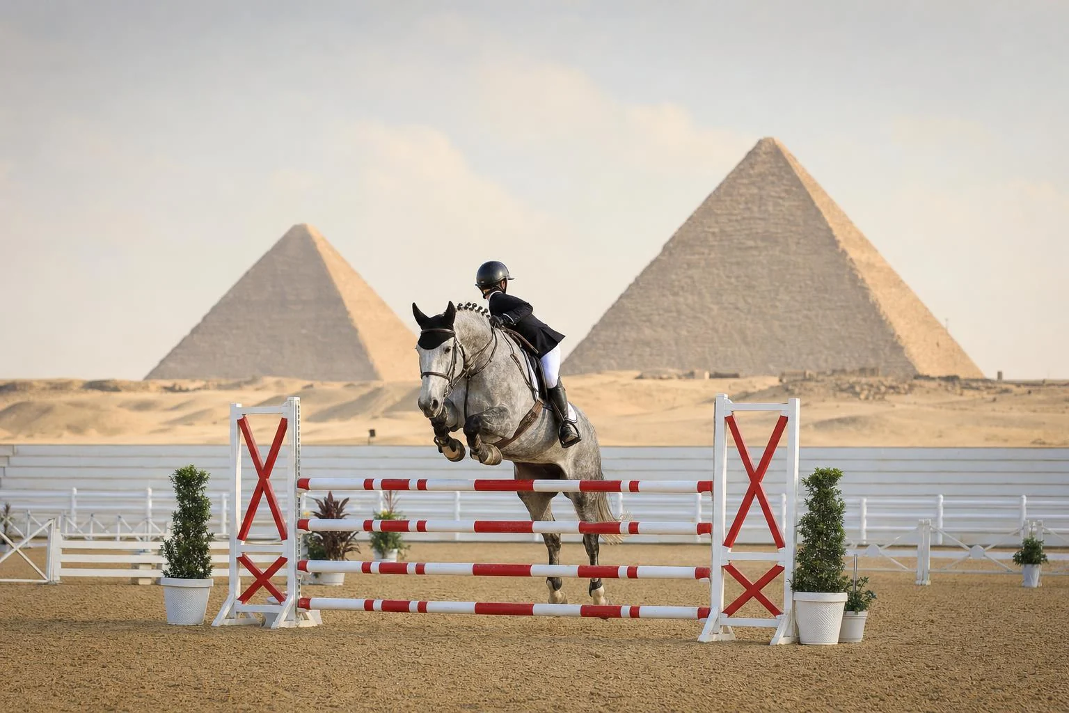 Cheval gris et son cavalier franchissant un oxer rouge et blanc sur une piste de sable, deux pyramides de Gizeh au fond