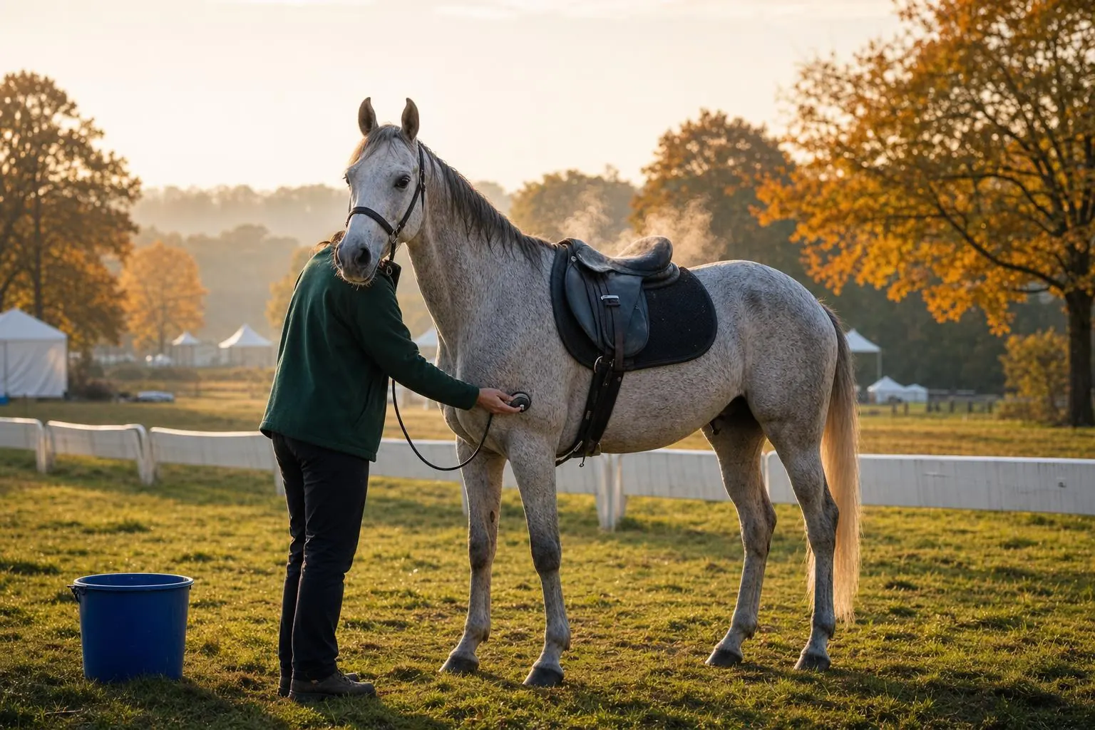 Jeune cheval arabe gris d'endurance fumant après une boucle, une vétérinaire pose un stéthoscope sur son poitrail