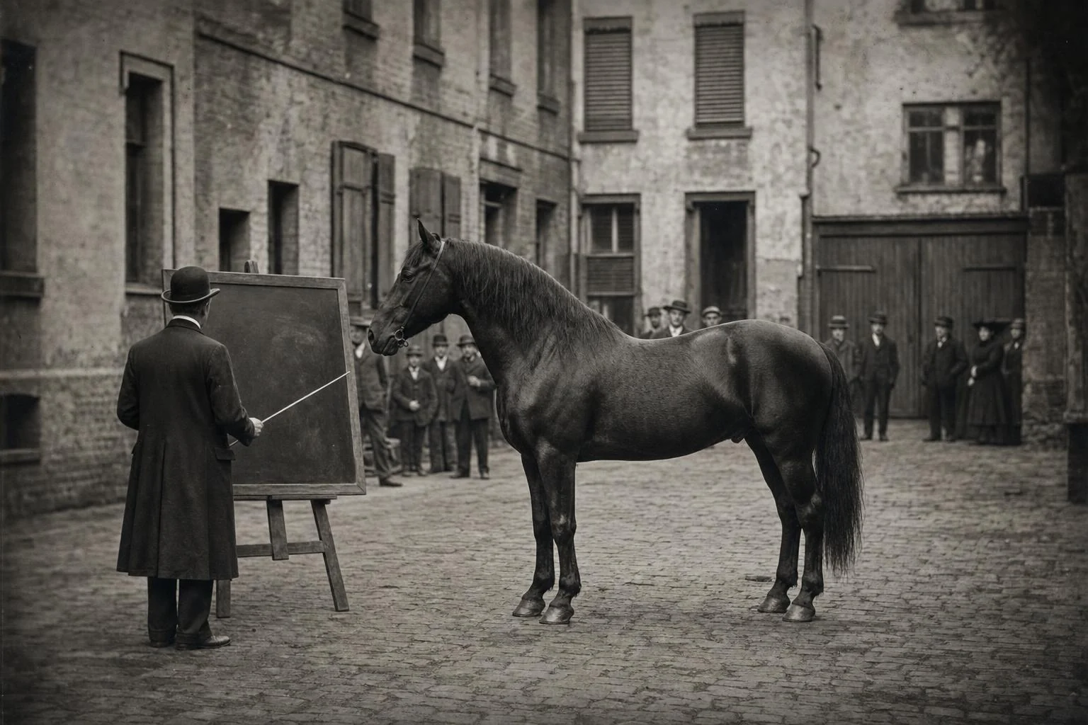 Cheval noir immobile devant un tableau noir sur chevalet dans une cour pavée, homme en chapeau melon vu de dos