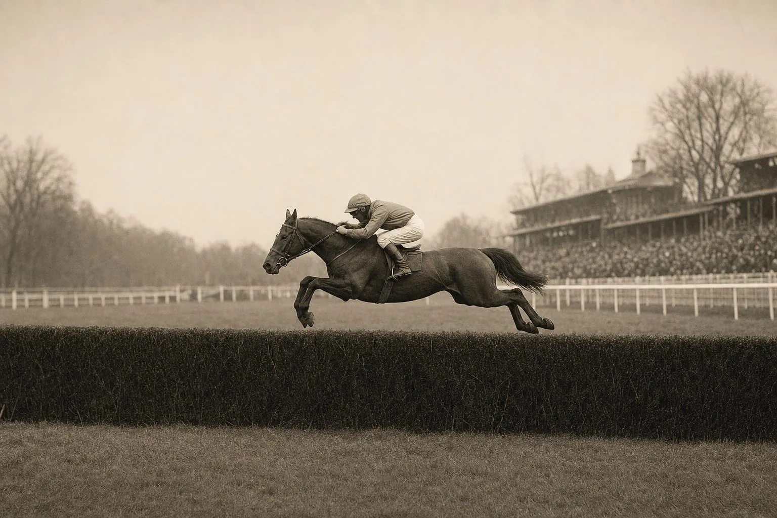 Busy grandstand with iron and glass railings, three horses cantering away, sepia photograph from the 1920s