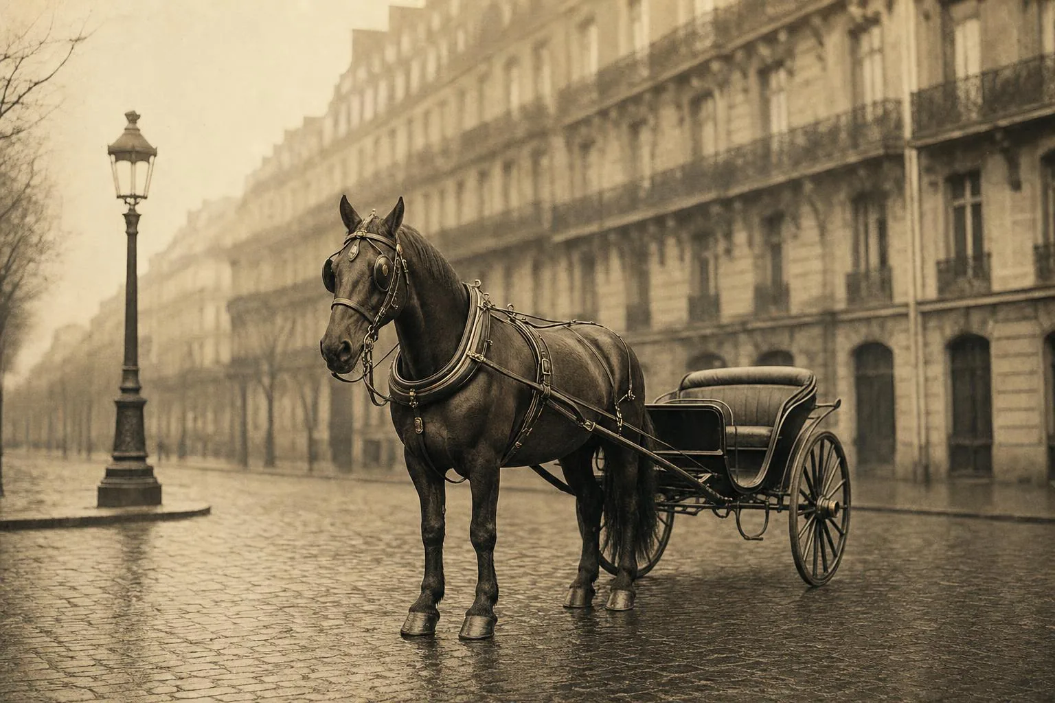 Cheval bai harnaché de cuir noir attelé à une calèche légère sur les pavés d’un boulevard parisien