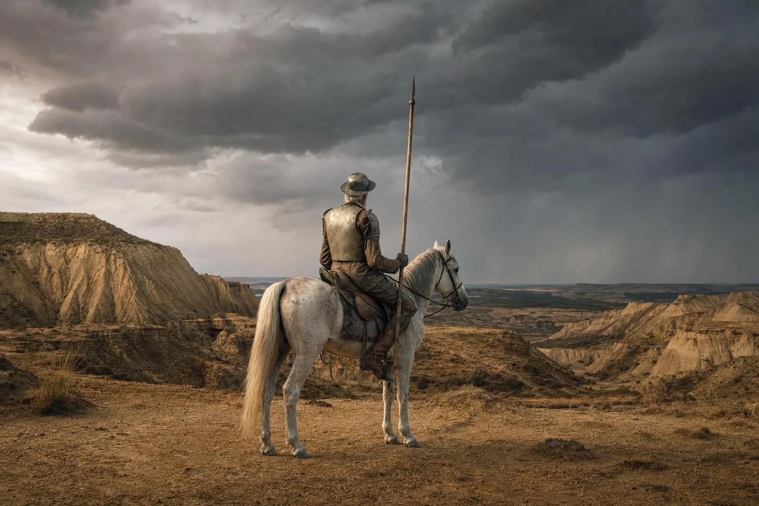 Un cavalier en armure de Don Quichotte, de dos, sur un cheval gris maigre dans un désert d'argile sous l'orage