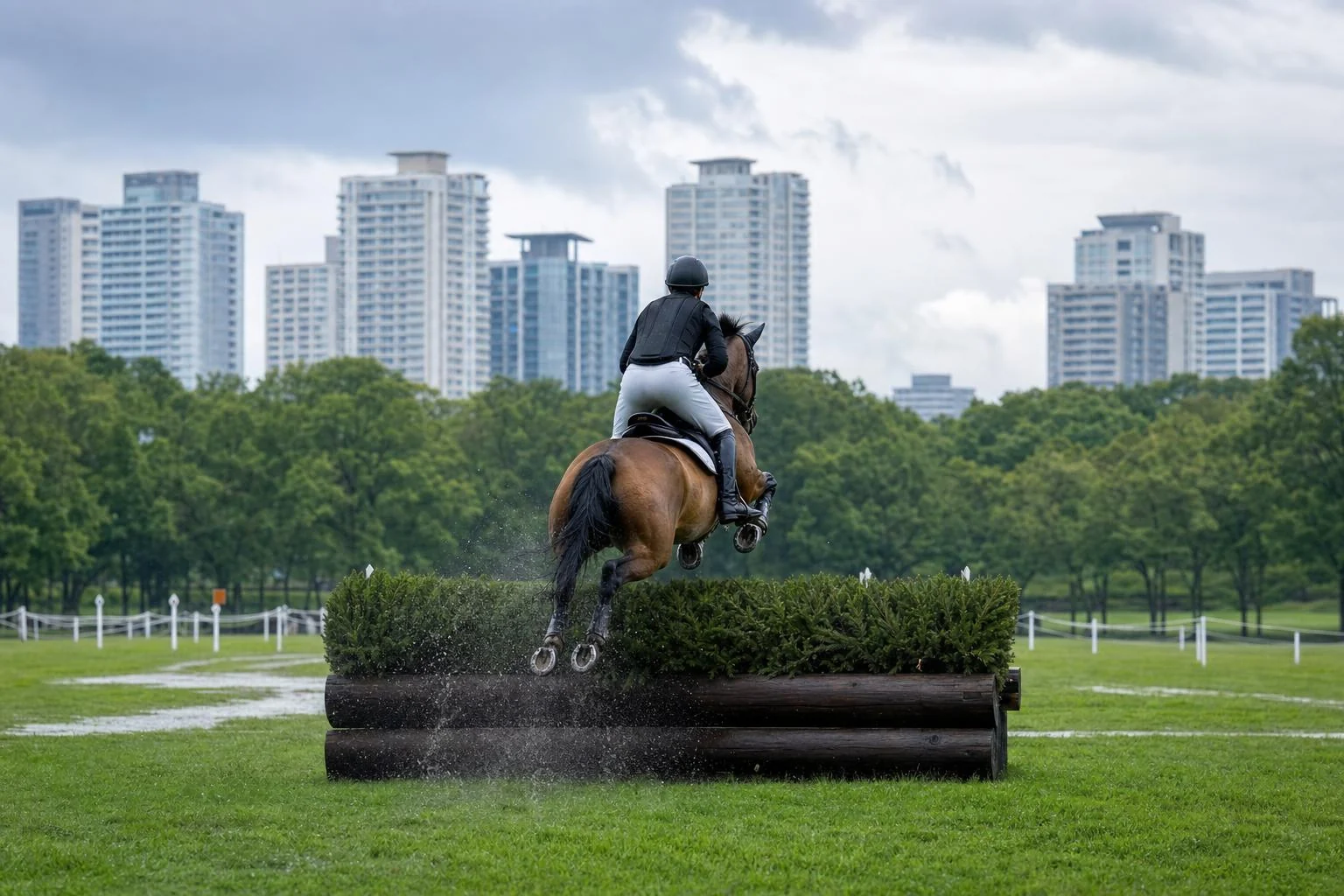Cheval bai au galop franchissant un obstacle de cross en rondins et brosse, cavalier de dos, tours de Tokyo derriere