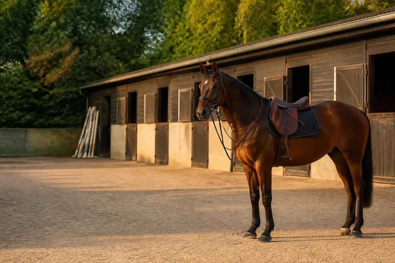 Cheval sellé seul dans la cour d'un centre équestre devant une rangée de boxes en bois, fin d'après-midi de septembre