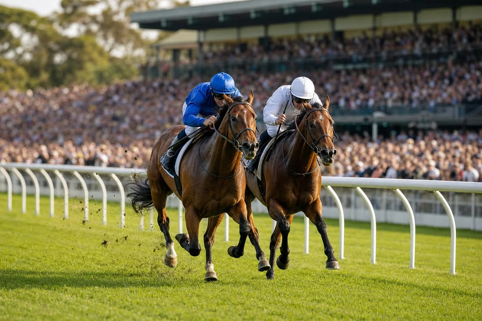 Deux pur-sang bais au coude à coude en fin de course sur gazon, jockeys en casaques bleue et blanche, tribune comble