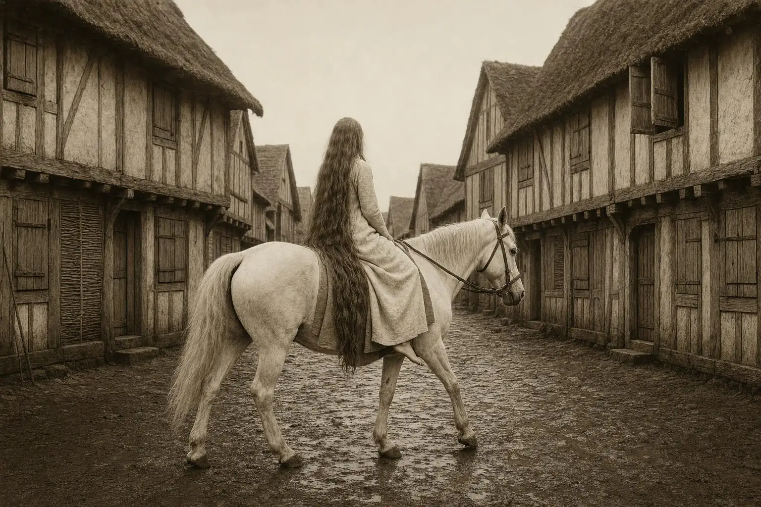 Cavalière vue de dos aux très longs cheveux sur un cheval blanc, rue médiévale aux volets fermés, sépia