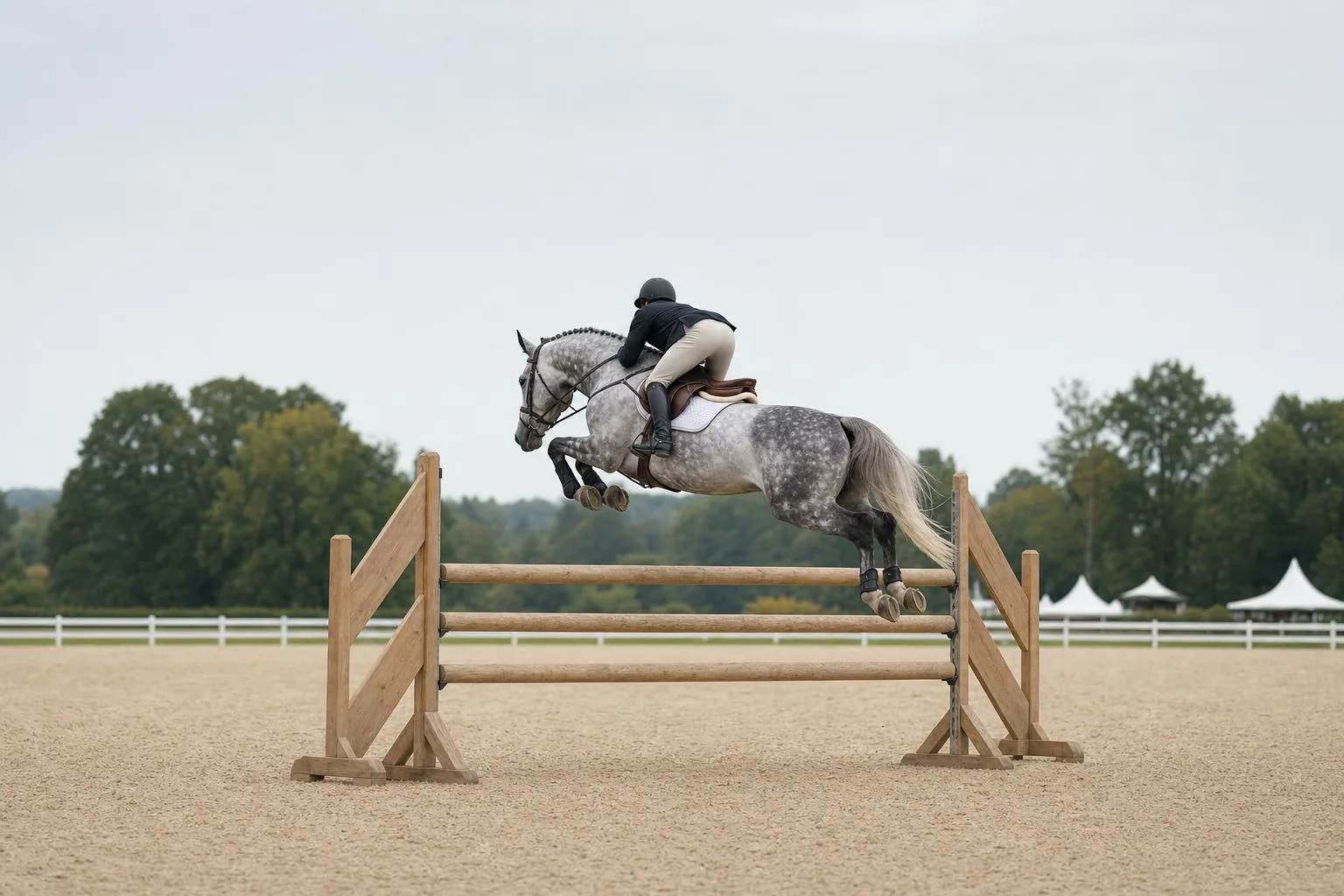 Cheval gris pommelé en plein saut au-dessus d'un oxer en bois naturel sur une carrière de sable, cavalier de dos