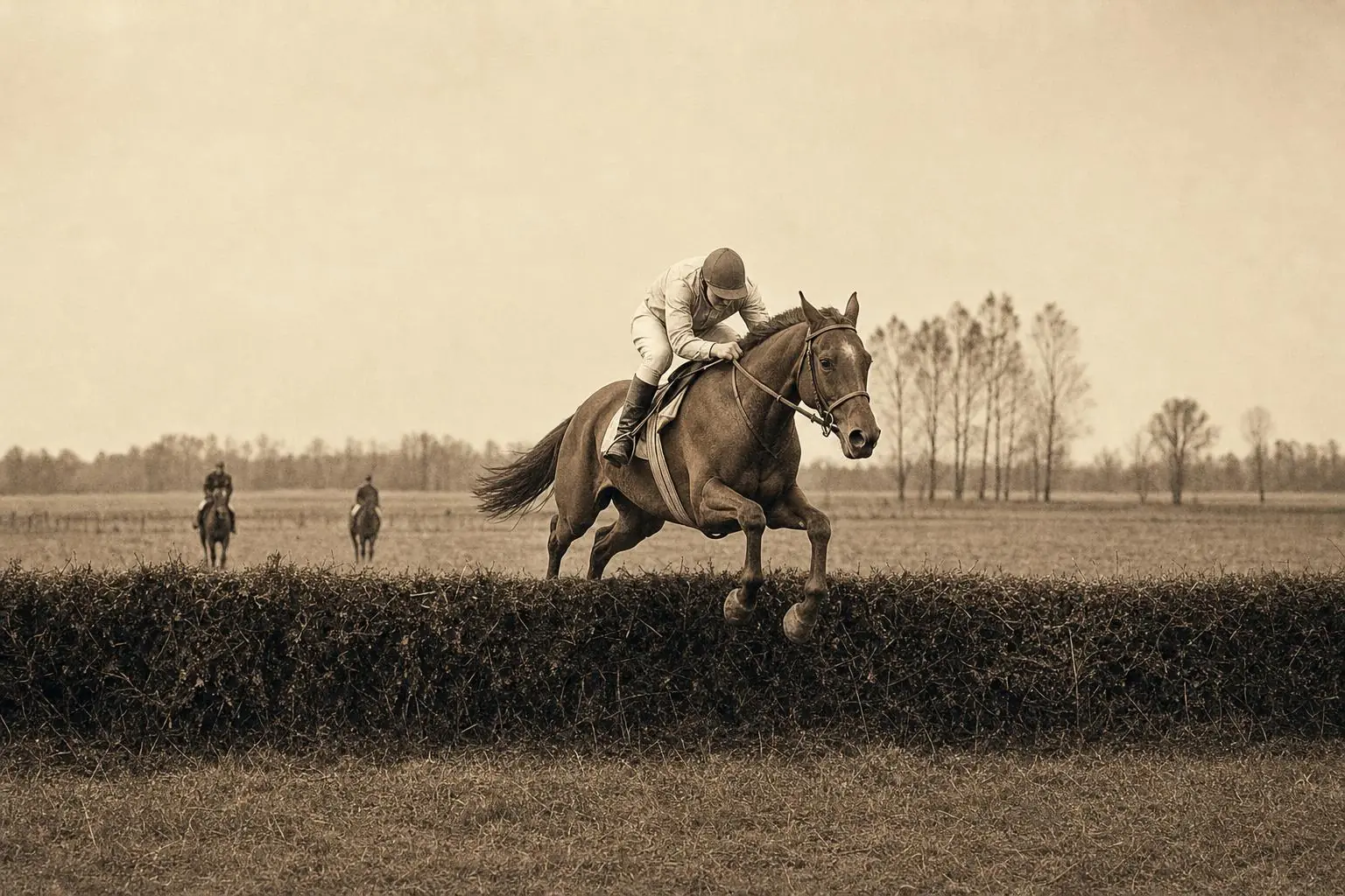Une cavalière en casaque claire sur une jument alezane franchit une haie de steeple-chase, arbres d'automne, image sépia
