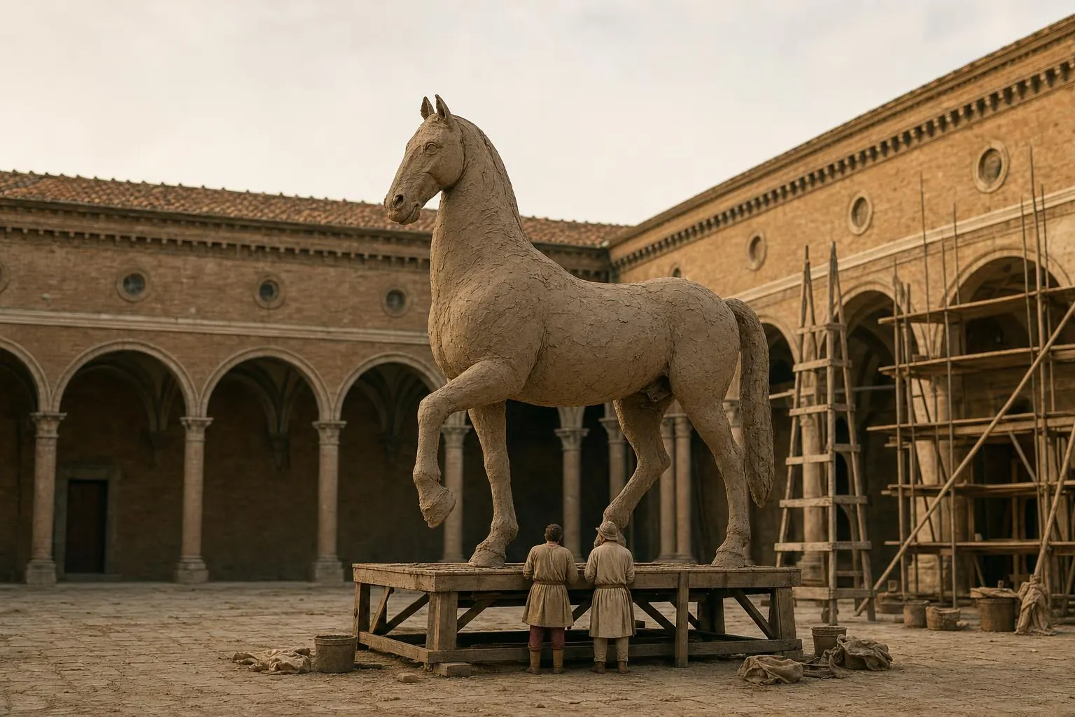 Colosse de cheval en argile brute sur une plate-forme de bois, échafaudage et arcades derrière