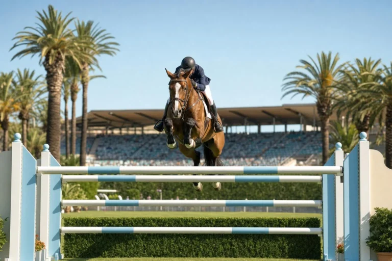 Cheval bai de saut d'obstacles en plein saut d'un grand oxer bleu et blanc, sur une piste en herbe bordée de palmiers