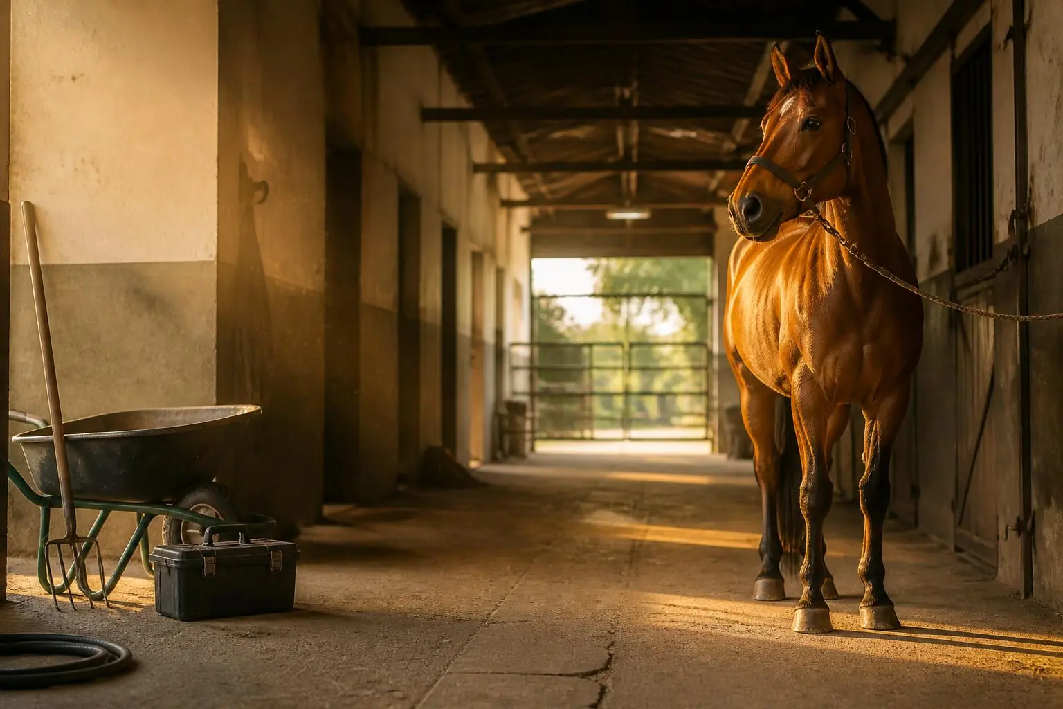 Groom preparing a horse for competition in a stable yard