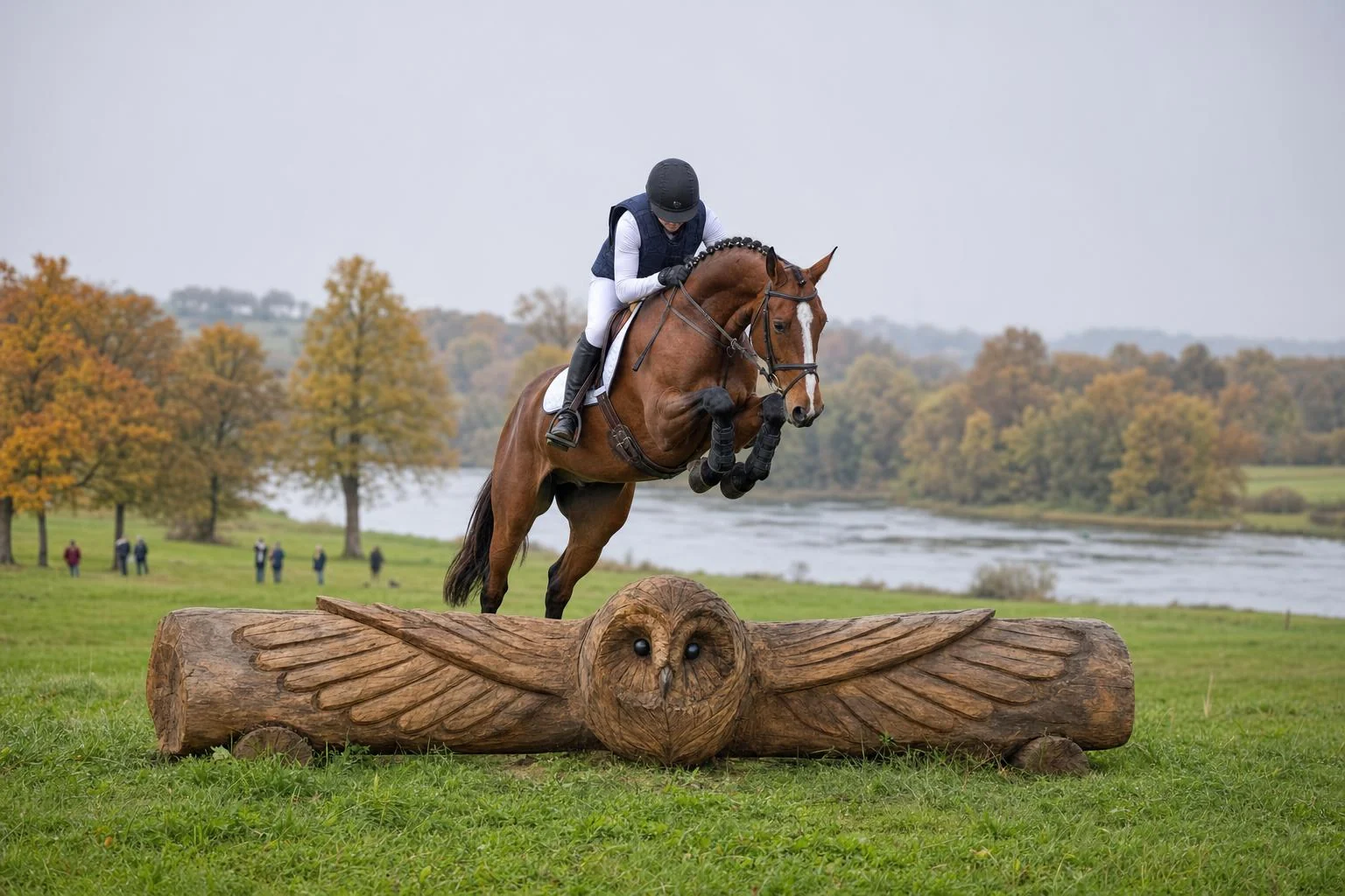 Jeune cheval bai de concours complet en plein saut d'un tronc sculpté en hibou, cross au bord d'une rivière en automne