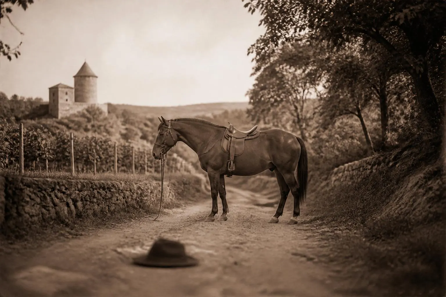Cheval bai sellé, seul sur un chemin creux, rênes pendantes, chapeau au sol, tour ronde dans la brume, image sépia
