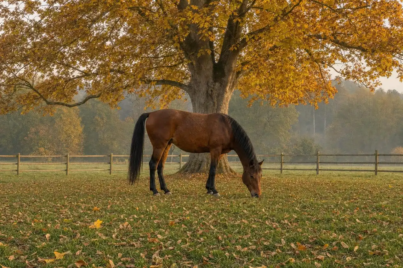 Un cheval bai broute dans un pré jonché de feuilles mortes, sous un grand érable aux feuilles jaunes d'automne