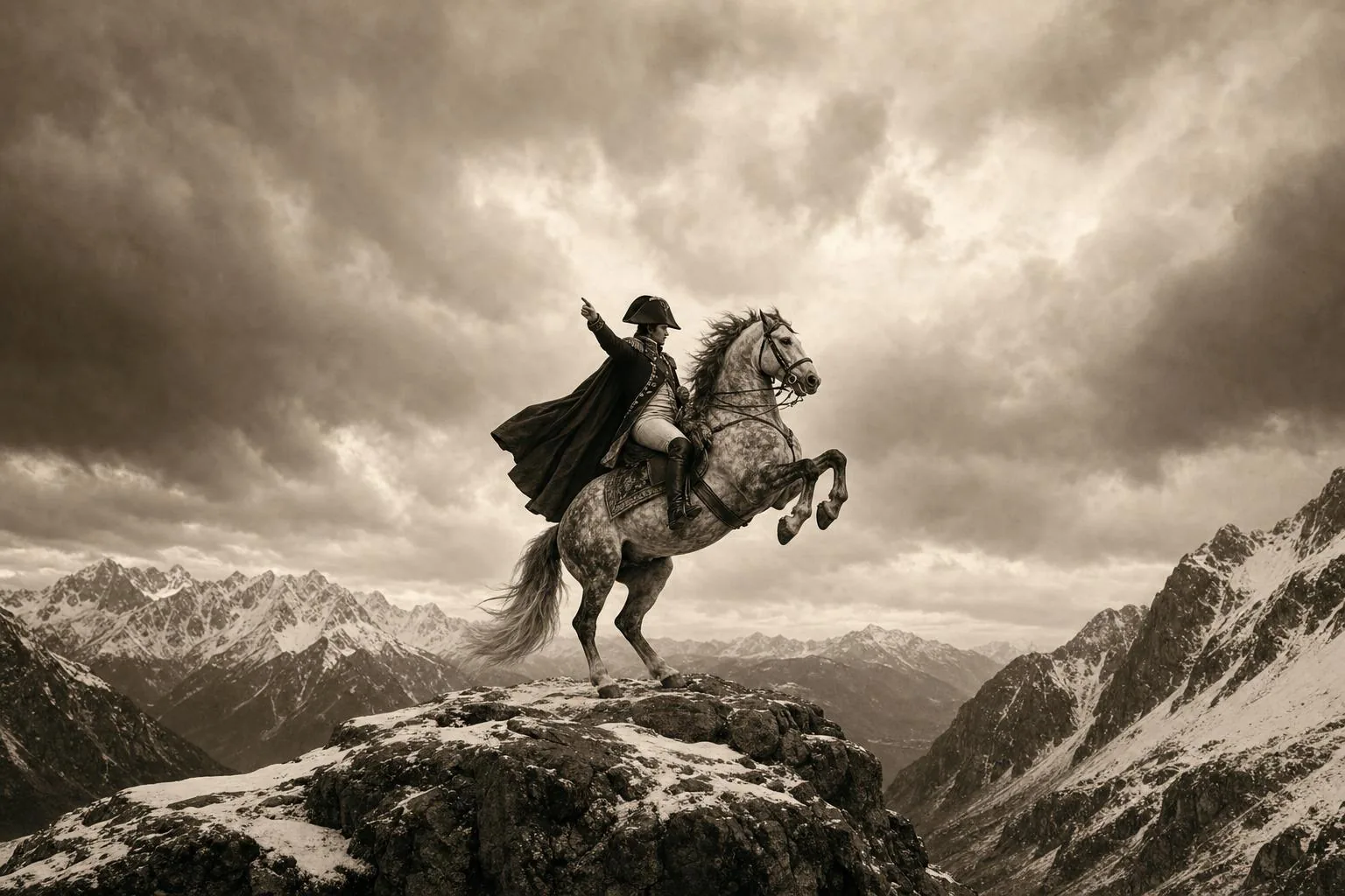 Cheval gris pommelé cabré sur un rocher enneigé des Alpes, cavalier en bicorne et cape au vent, ciel d'orage