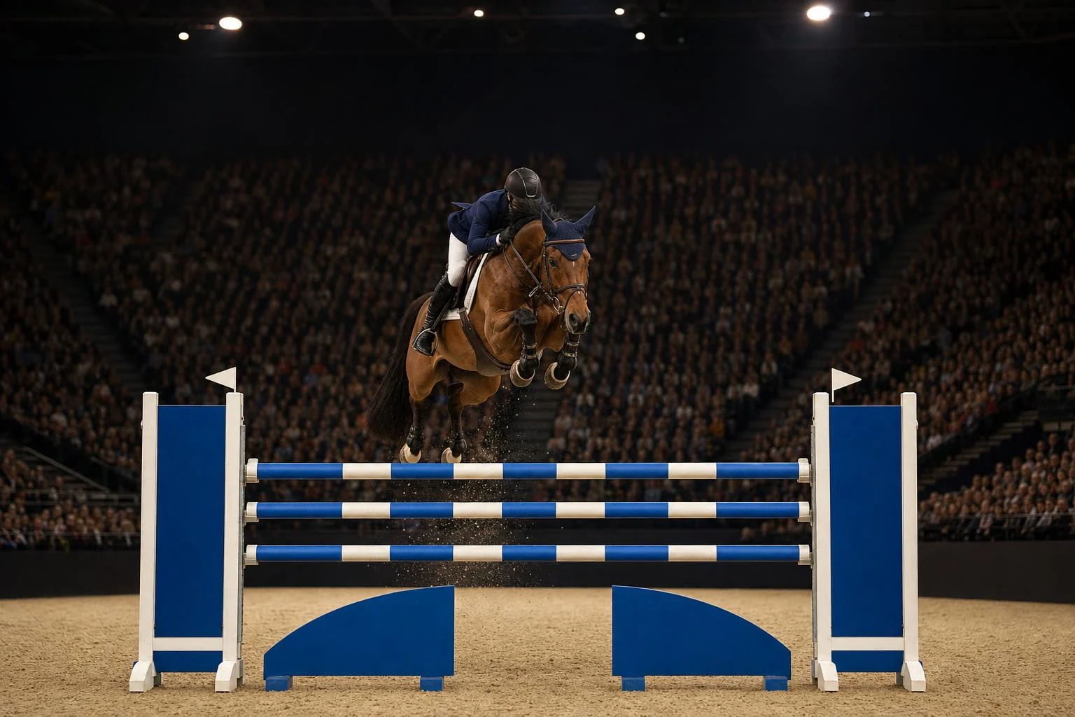 Un cheval bai saute un vertical bleu et blanc vers l'objectif dans une carrière couverte illuminée, tribunes pleines