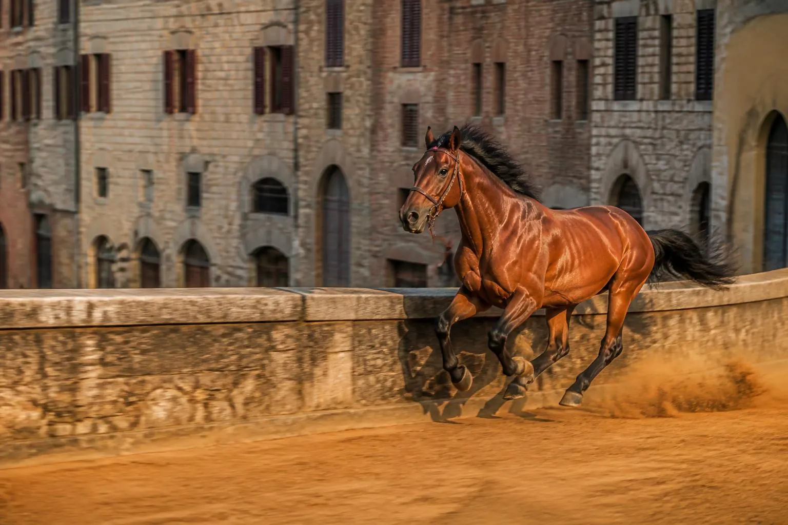 Ten horses line up for the Palio dell'Assunta on the Piazza del Campo in Siena