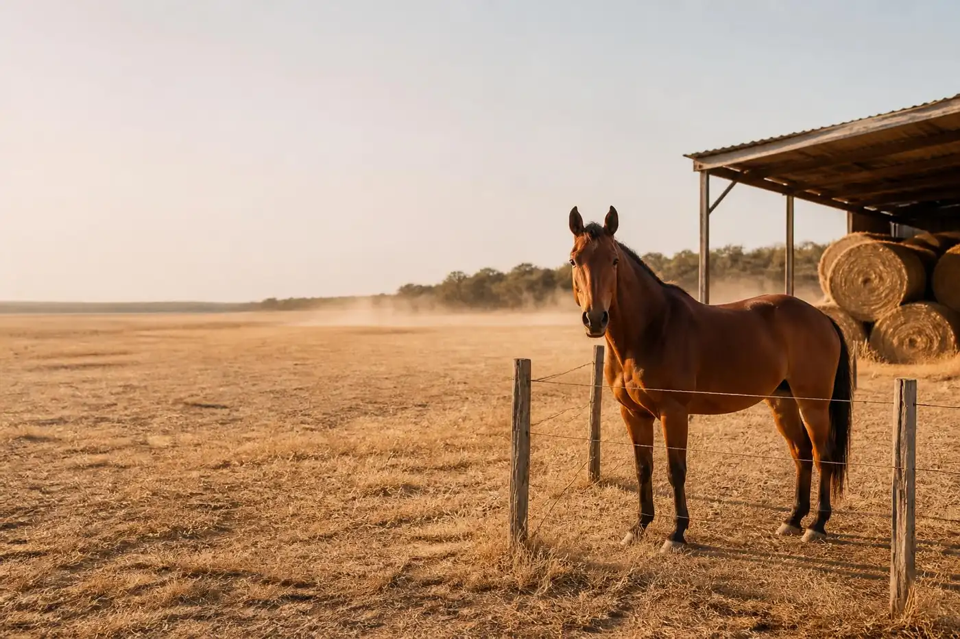 Cheval bai dans une prairie jaunie par la sécheresse, devant un petit stock de bottes rondes de foin sous un hangar, fin d'été 2026