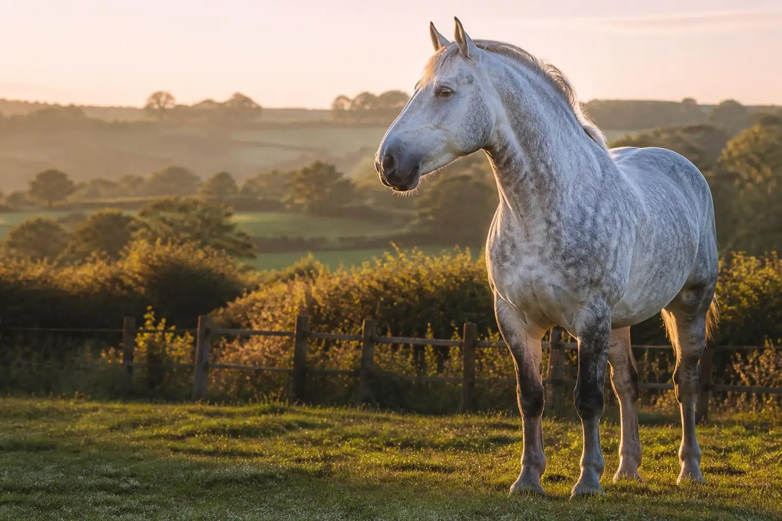 Grey Percheron in a Norman meadow at sunset