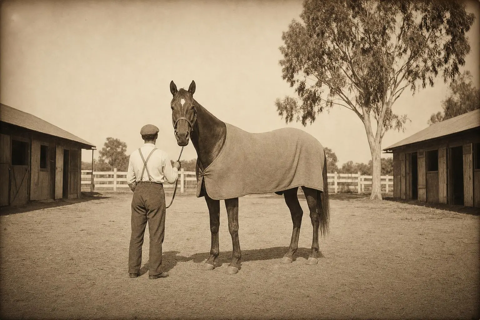 Photographie sépia d'un grand cheval de course alezan en couverture, tenu par un lad vu de dos dans une cour d'écurie