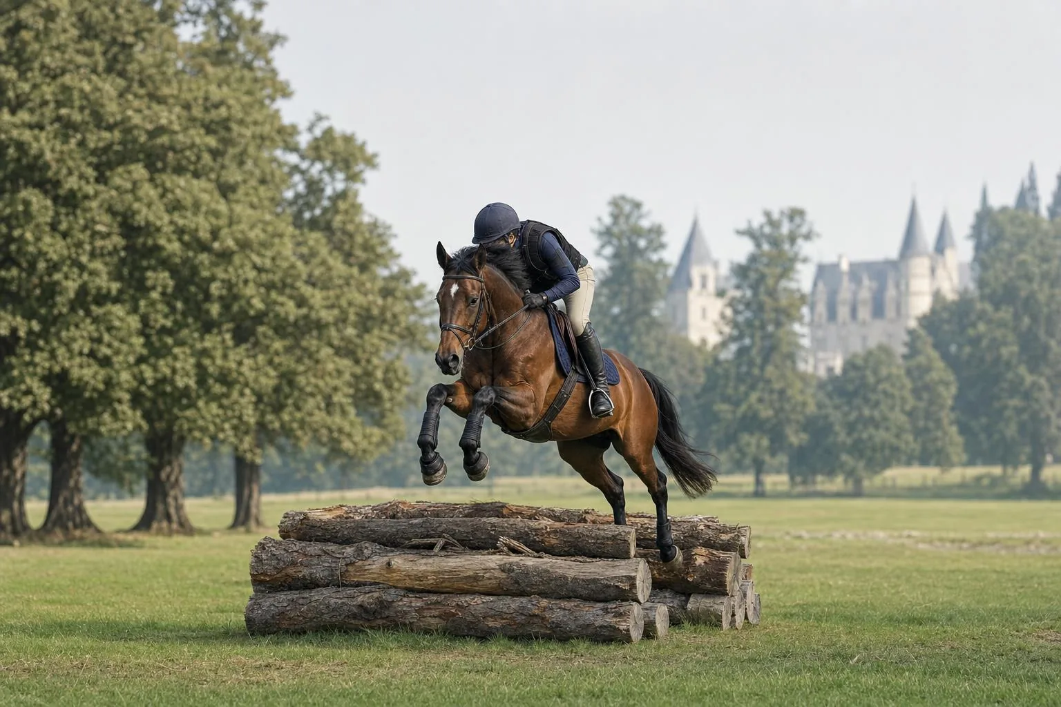 Jeune cheval bai franchissant un obstacle de cross en rondins dans un parc, tours d'un château floues à l'arrière-plan