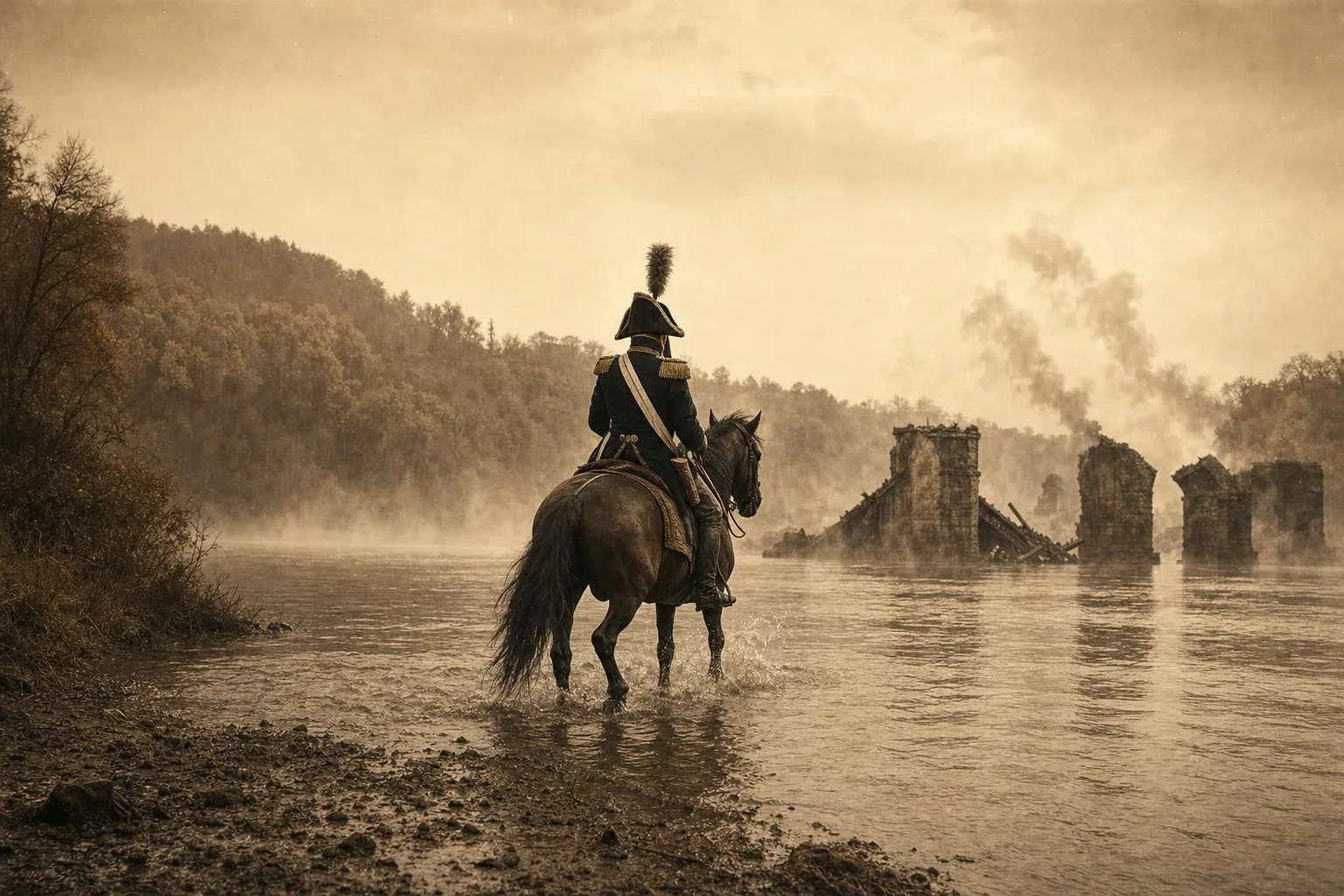 Un officier de cavalerie napoléonienne vu de dos pousse son cheval bai dans une rivière en crue, pont détruit qui fume, sépia
