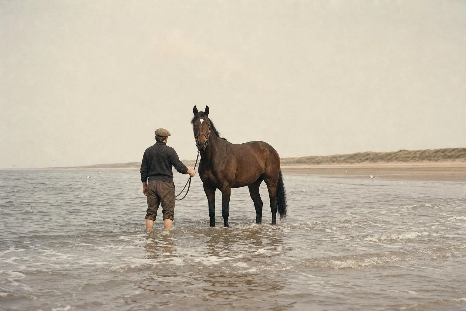 Cheval bai debout dans la mer peu profonde, un garçon d'écurie en casquette tenant la longe, plage immense et dunes