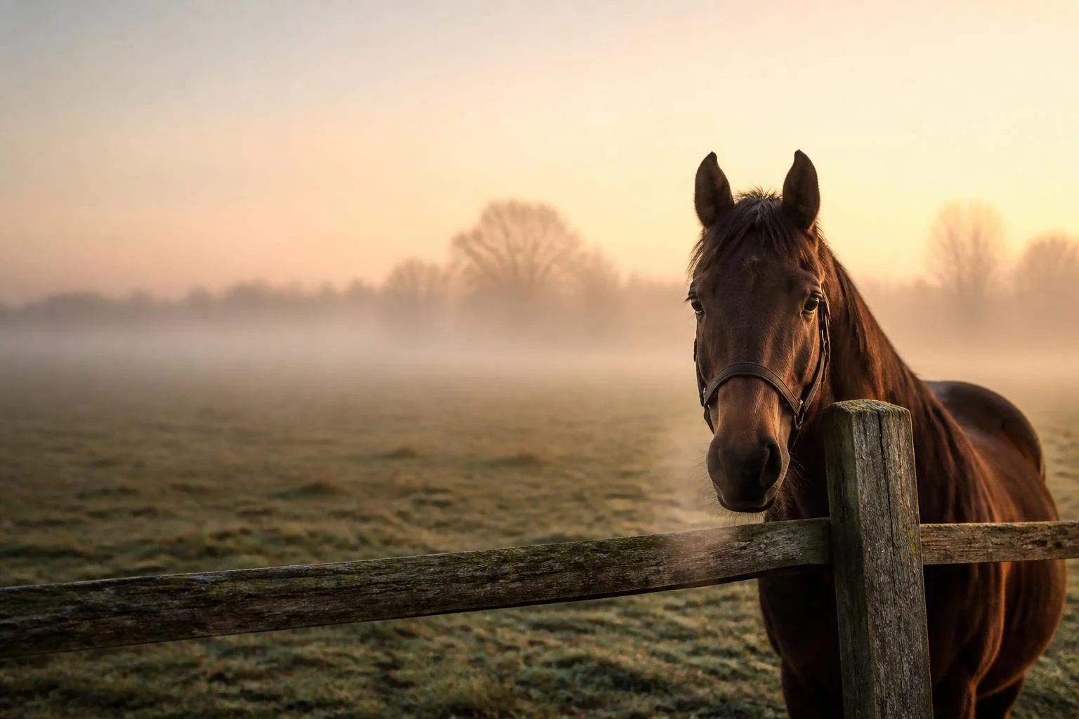 Cheval bai attentif derriere la barriere de bois de son pre, au lever du jour dans la brume