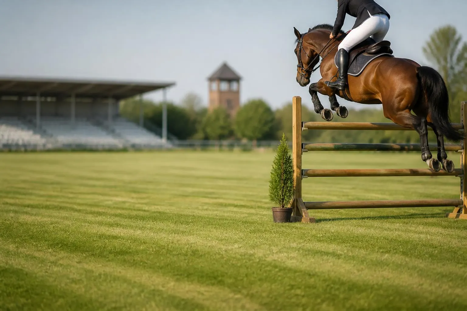 Cheval bai en plein saut au-dessus d'un oxer en bois sur une piste en herbe, cavalier vu de dos