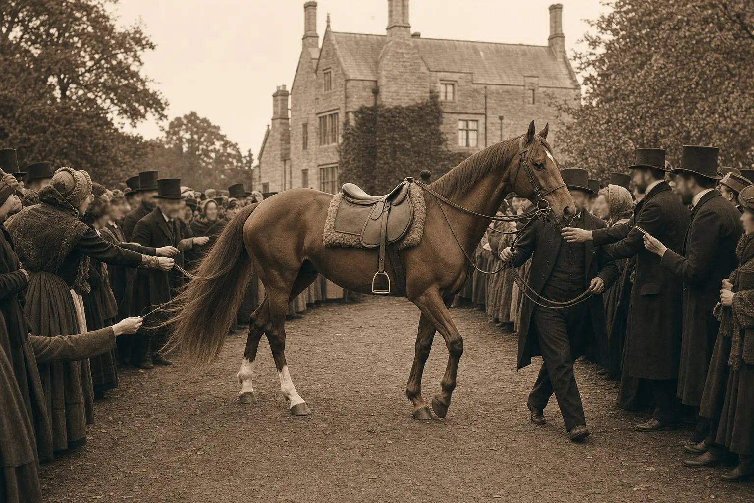 Cheval alezan aux balzanes blanches mené à la main dans une foule victorienne qui tend la main vers sa queue, sépia
