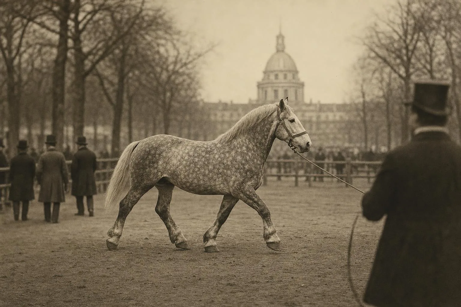 Cheval de trait gris pommelé mené au trot sur un marché aux chevaux du XIXe siècle, image sépia, dôme dans le fond
