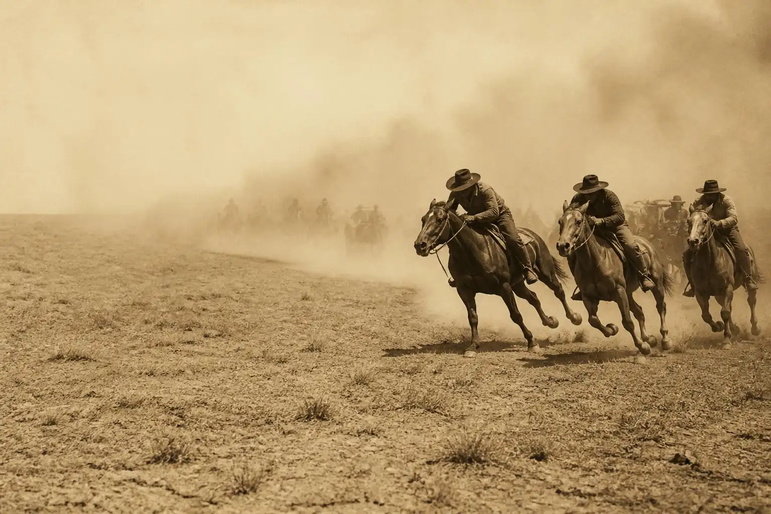 Cavaliers lances au galop dans un nuage de poussiere lors de la ruee vers les terres du Cherokee Outlet, 16 septembre 1893