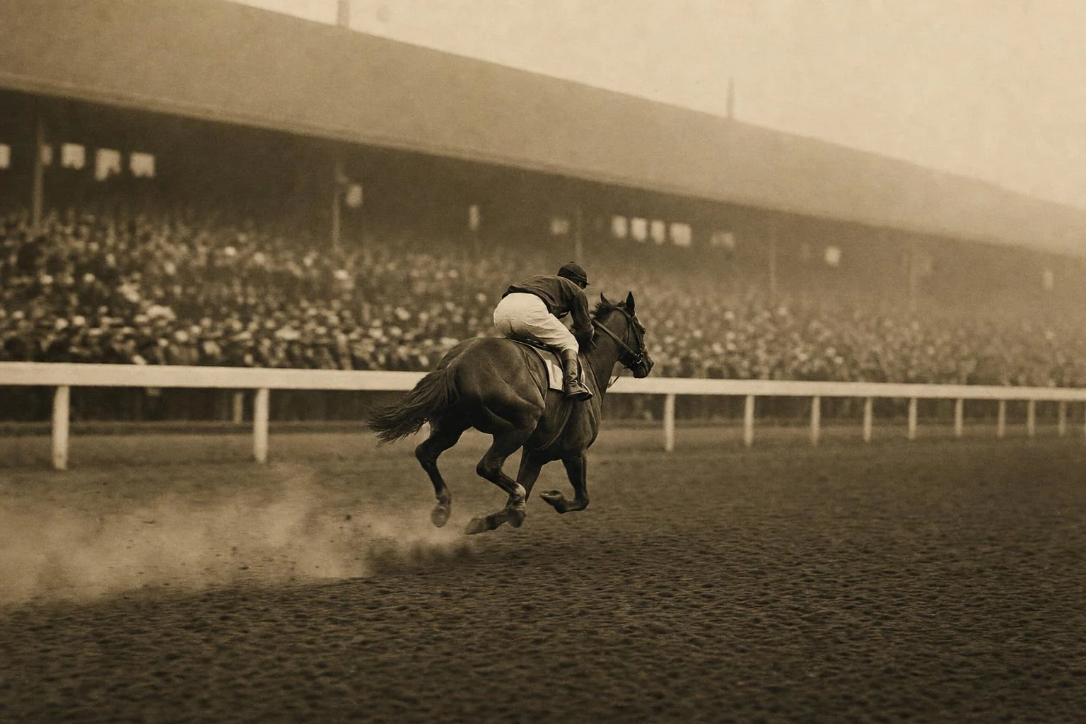 Cheval de course au galop sur une piste en terre, jockey penché sur l'encolure, foule floue derrière la lice