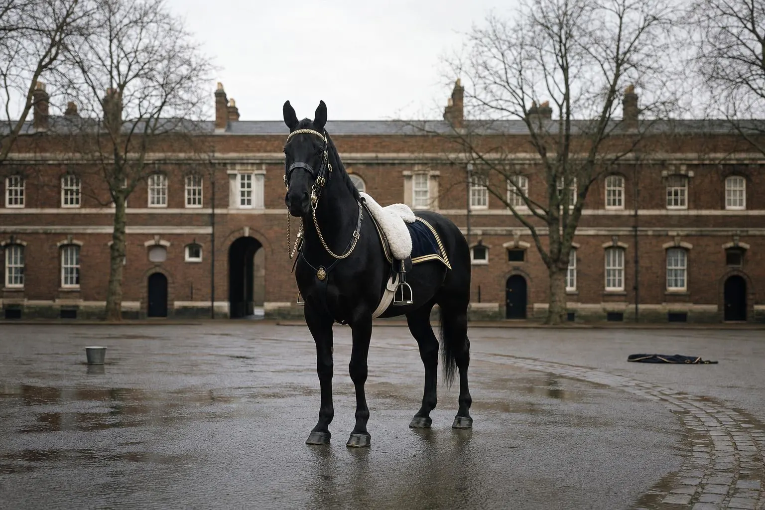 Cheval noir de la cavalerie royale seul dans la cour de sa caserne, harnachement de parade sans cavalier