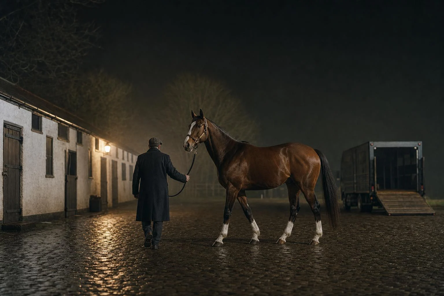 Étalon bai à liste blanche mené de nuit vers un van dans la cour d'un haras, homme en manteau vu de dos