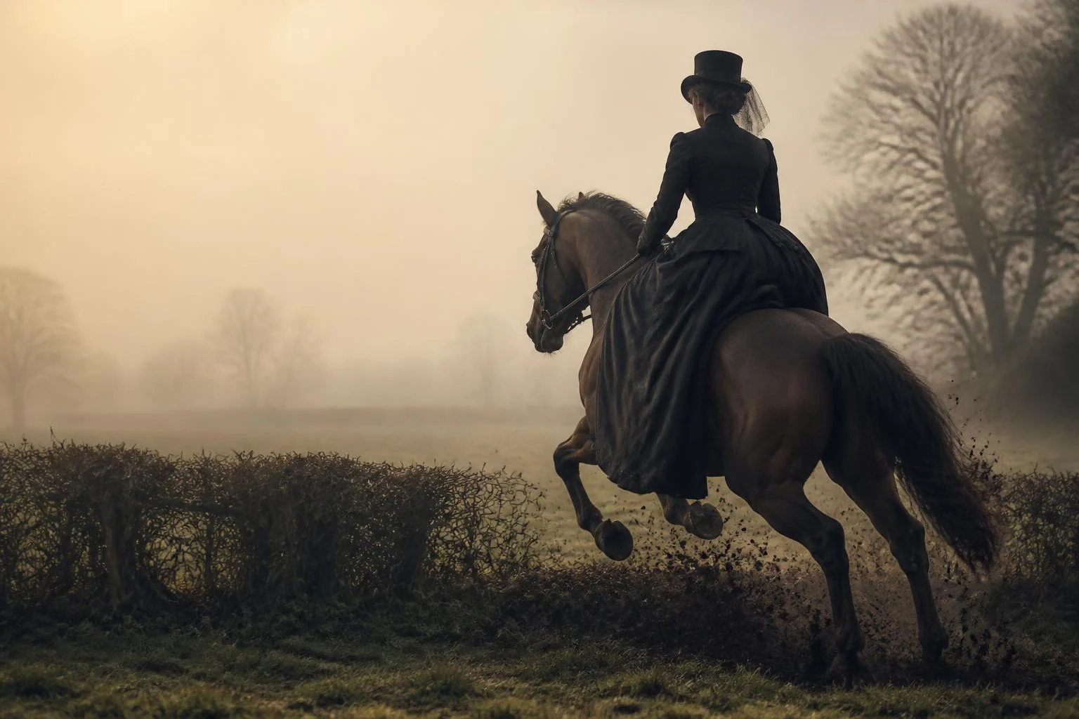 Cavalière en amazone, tenue noire et haut-de-forme voilé, au galop dans la campagne irlandaise brumeuse