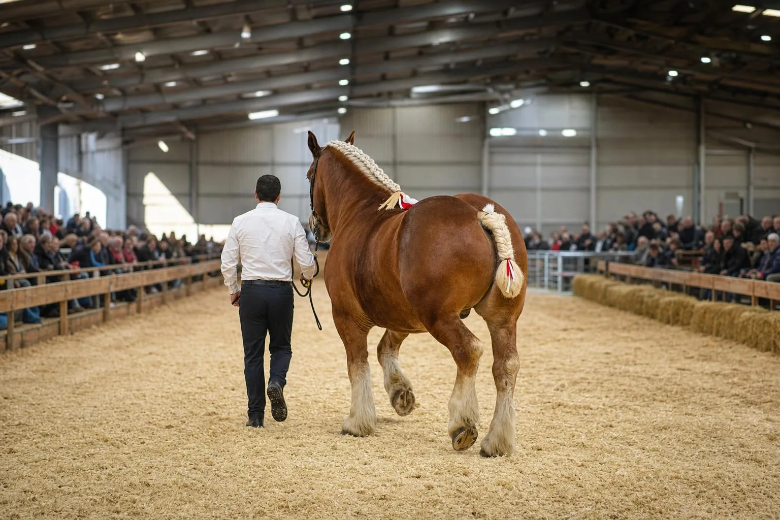 Cheval de trait alezan aux crins tressés présenté en main au trot dans une halle de concours
