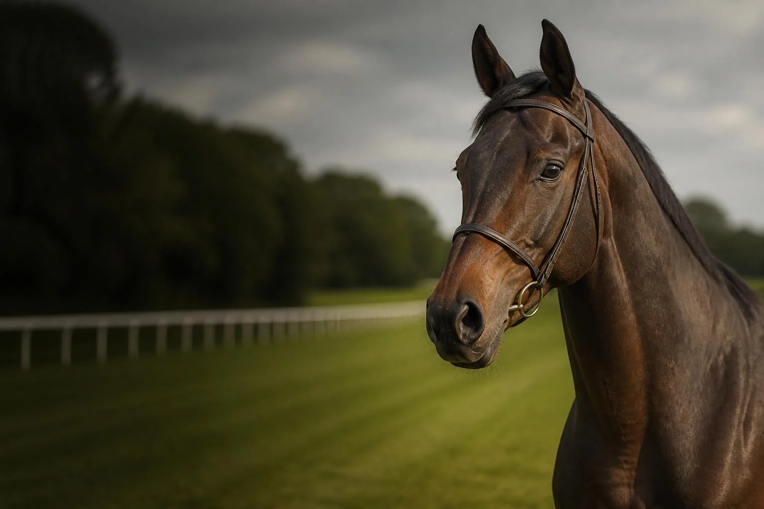Pur-sang bai en bridon de cuir fin sur un hippodrome anglais, rail blanche en arriere-plan