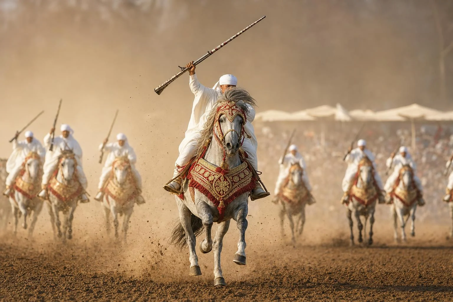 Cavalier de tbourida en selham blanc au galop sur un cheval barbe gris, fusil levé, la sorba en ligne derrière lui
