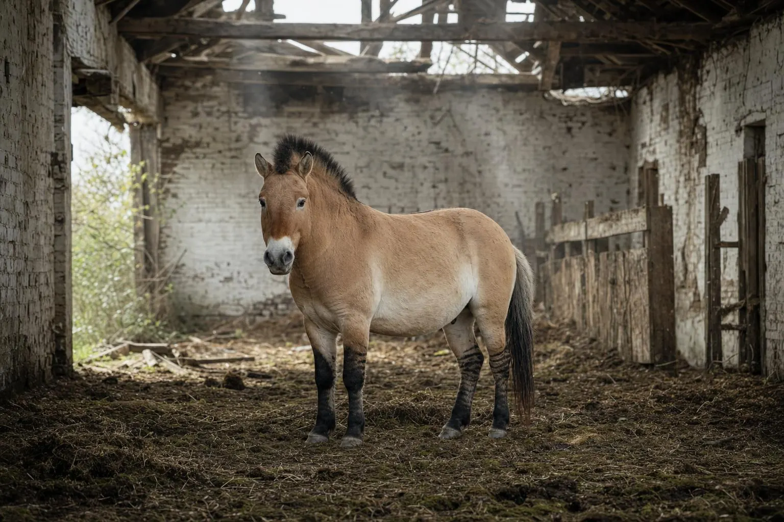 Cheval sauvage beige à crinière noire dressée, seul dans une grange de brique en ruine au toit effondré