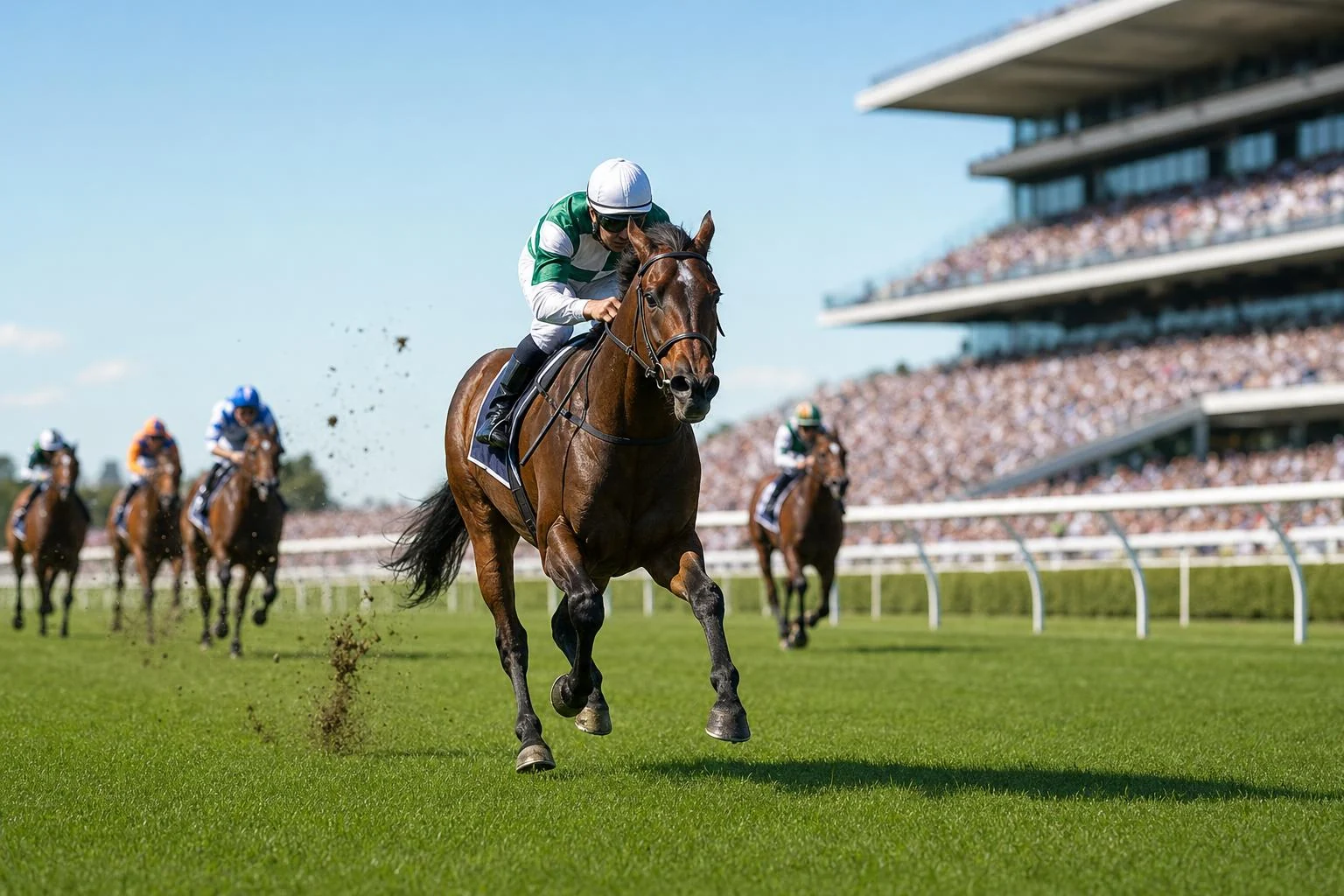 Pur-sang bai lancé au galop, jockey en casaque verte et blanche, devant les tribunes d'un hippodrome en herbe