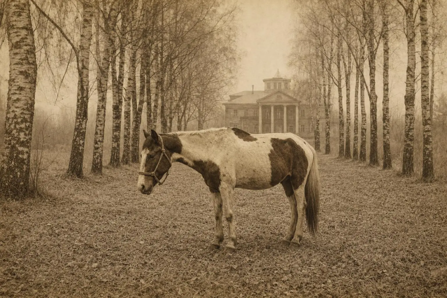 Un vieux cheval pie maigre, tête basse, seul dans une allée de bouleaux devant un manoir russe dans la brume