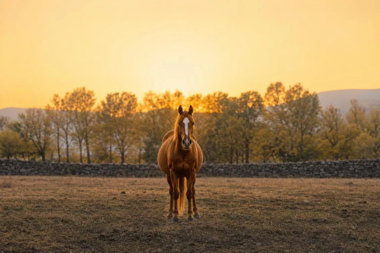 Cheval alezan face à l'objectif dans un pré au coucher du soleil, entouré de minuscules moucherons en contre-jour