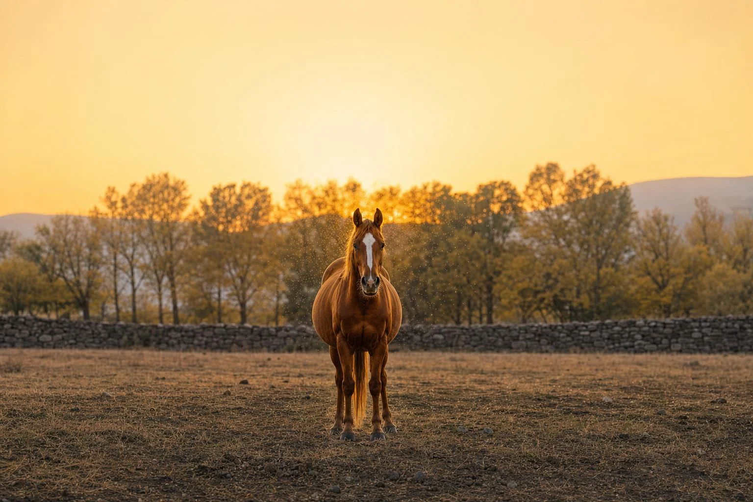 Cheval alezan face à l'objectif dans un pré au coucher du soleil, entouré de minuscules moucherons en contre-jour