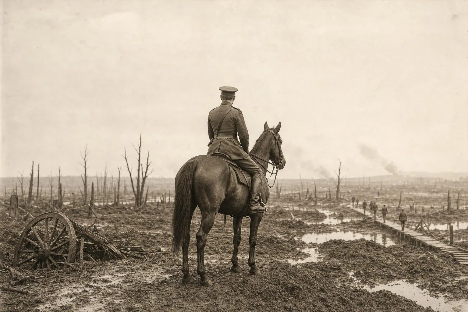 Officier de dos sur un cheval bai immobile face à un champ de boue, entonnoirs et arbres morts, sépia