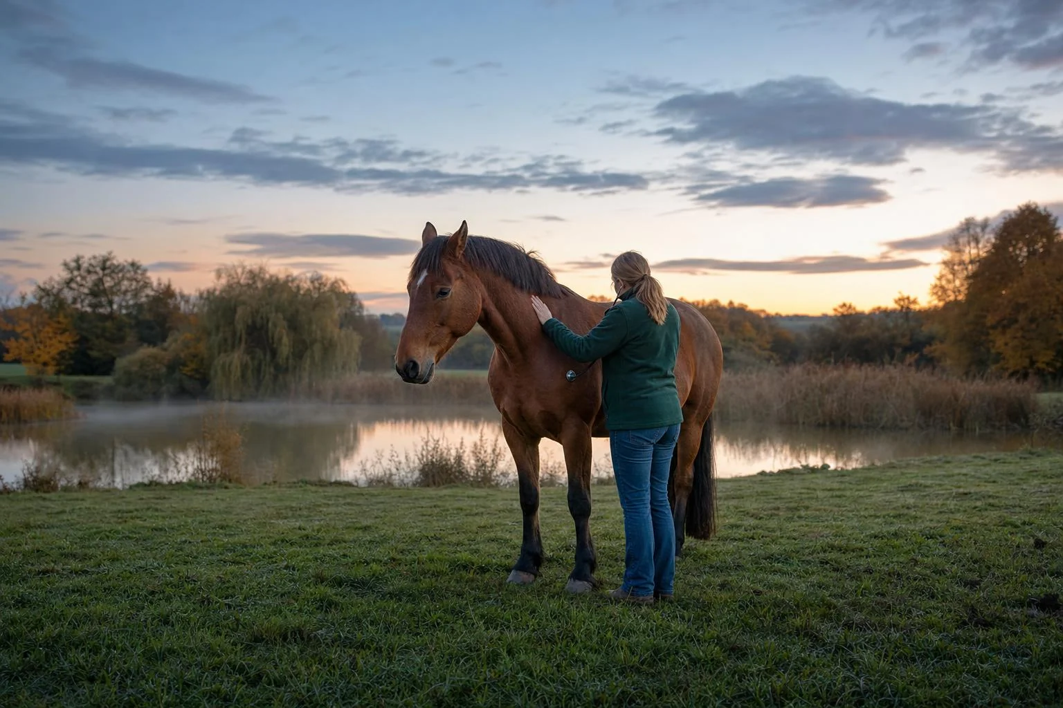 Une vétérinaire ausculte au stéthoscope un cheval bai dans un pré humide, au bord d'un étang brumeux au crépuscule