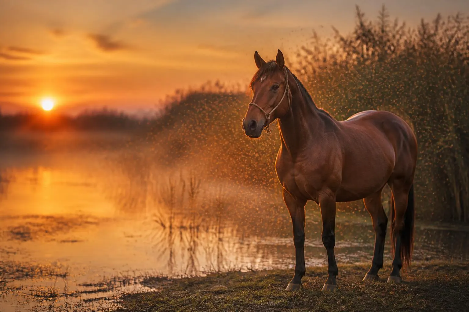 A horse standing in a stable with evening light