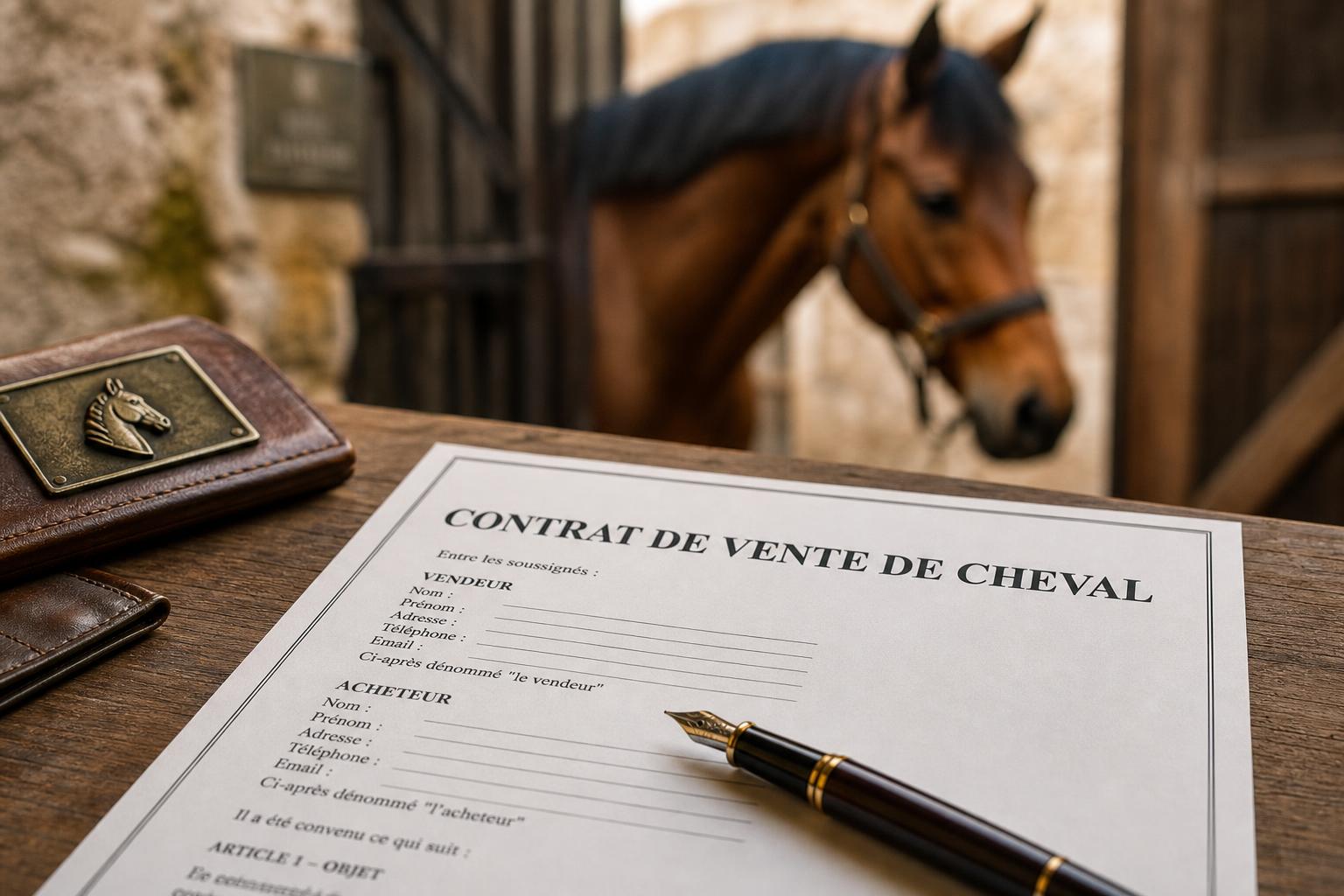 Un contrat pose sur une table d'écurie avec un stylo