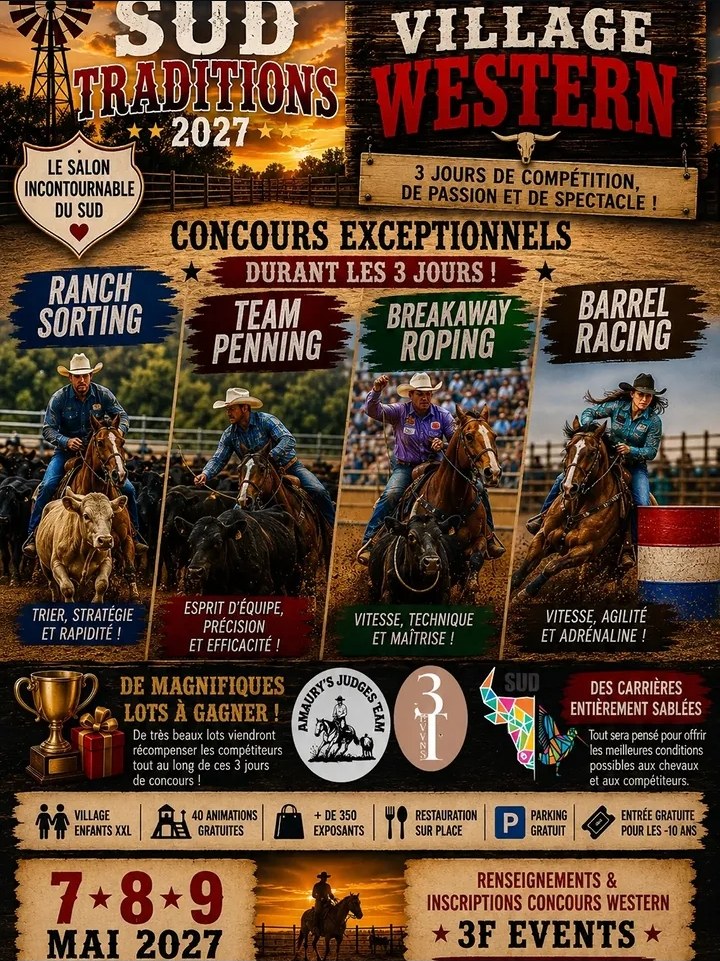 Affiche : Sud Traditions 2027 : trois jours de concours western les 7, 8 et 9 mai
