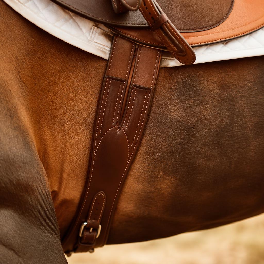 Sangle en cuir sous le ventre d'un cheval sellé